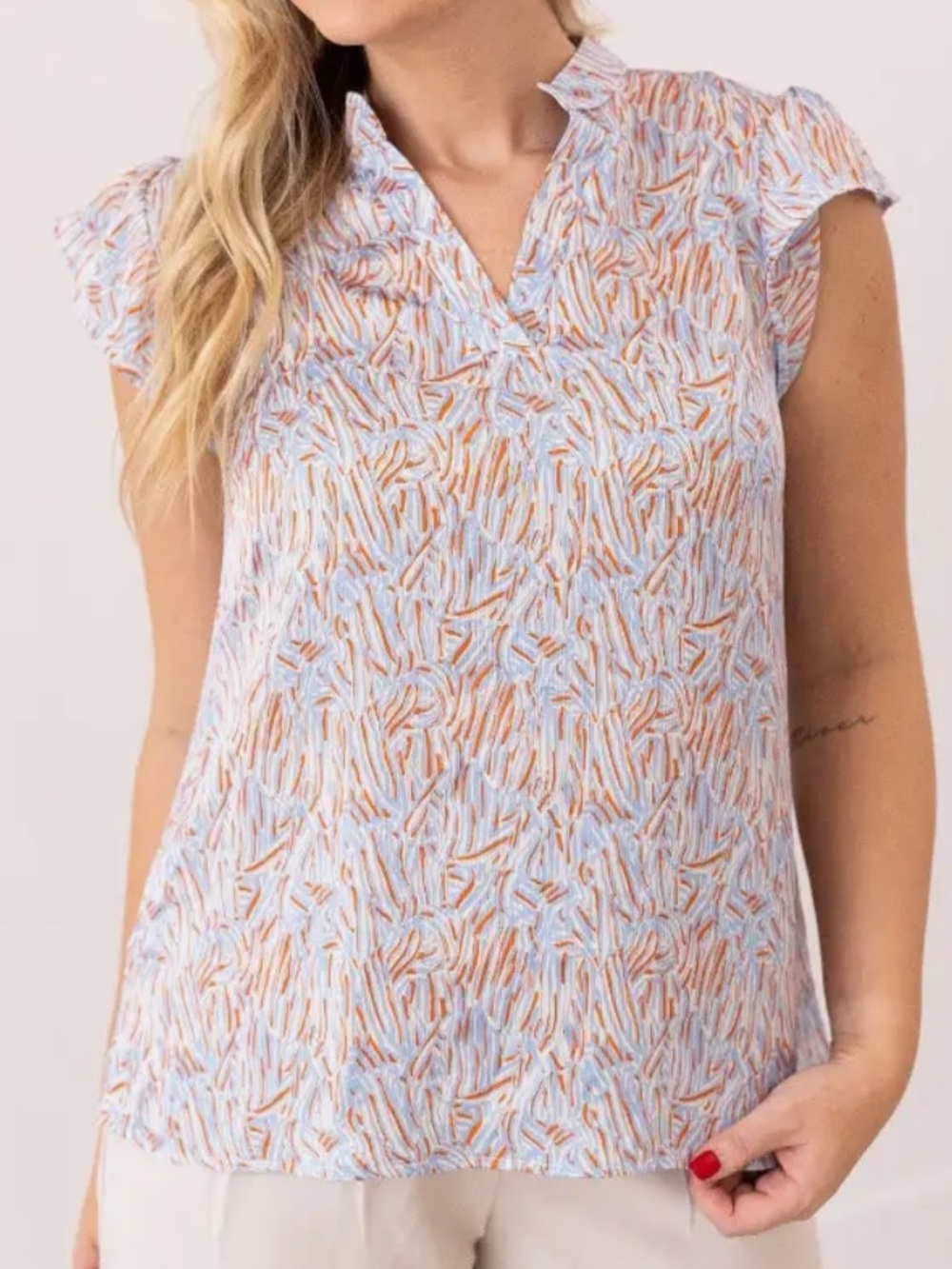 Grace+Emma Light Blue and Orange Textured Print V-Neck Blouse Lightweight Top